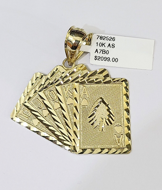 10k Gold Royal Flush Pendant Rope Chain 3mm 26'' Necklace Set Real Yellow