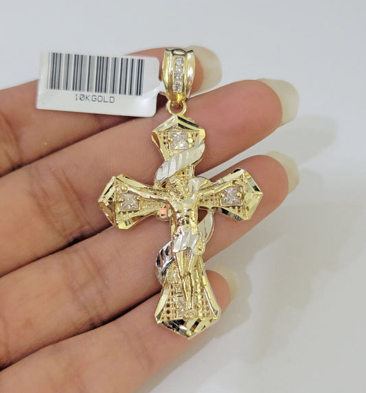 10k Yellow Gold Jesus Cross Spiral Charm Pendant Diamond Cut Crucifix 2"
