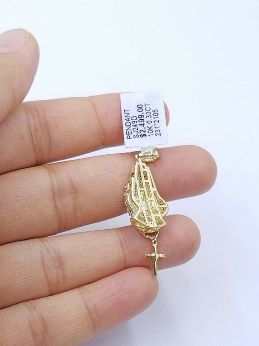 Real 10k Yellow Gold Praying Hand with cross Pendant Real Diamond Charm