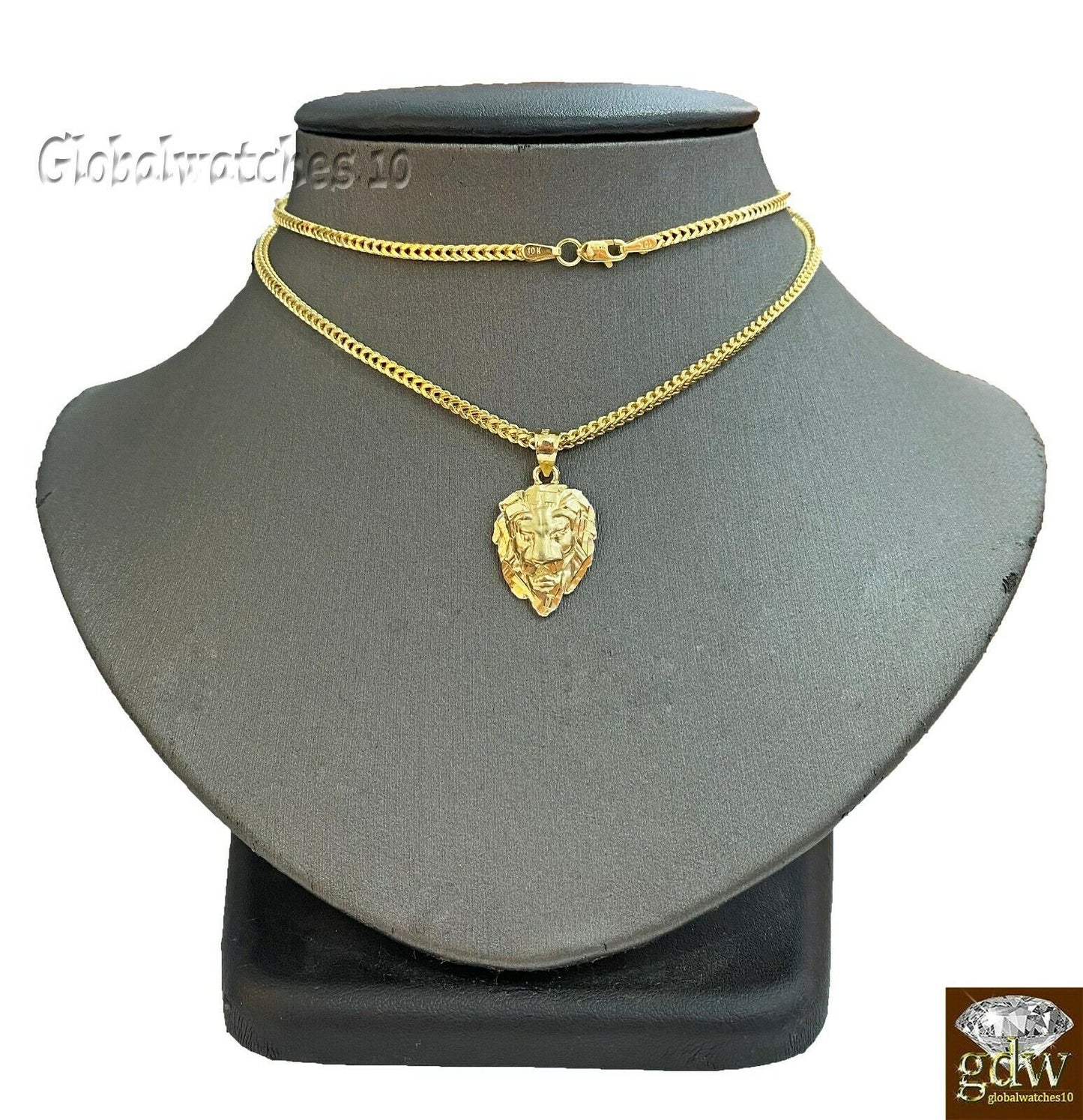10k Gold Charm Pendant Lion Head with Franco Chain in 20 22 24 26 Inch Real Gold