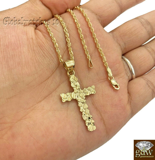 10k Gold Jesus Cross Pendant with Rope Chain in 18" 20" 22" Real Gold
