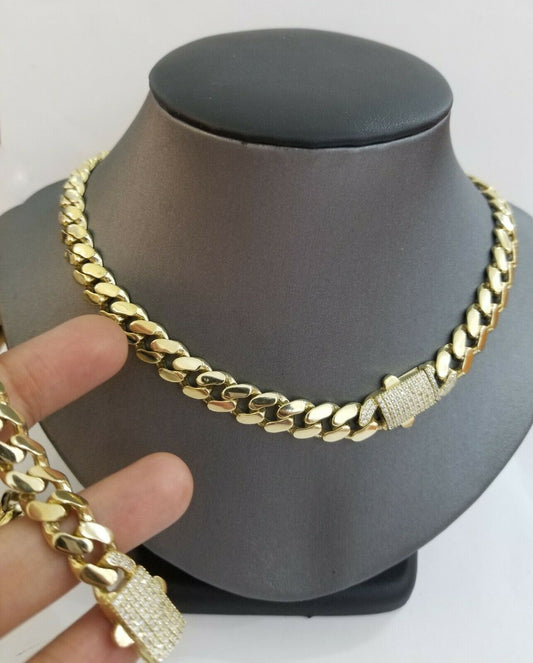10k Yellow Gold Royal Miami Cuban Chain Bracelet 9" Set 10mm Monaco Necklace 24"