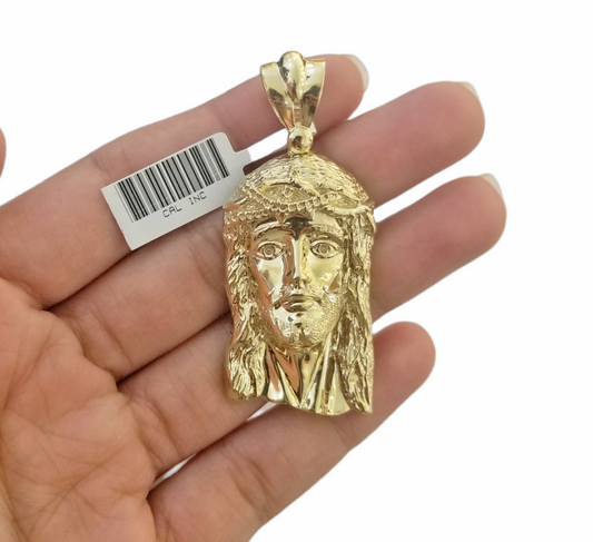 Real 10K Yellow Gold Jesus Head Pendent Charm 2" Inch 10kt For Men
