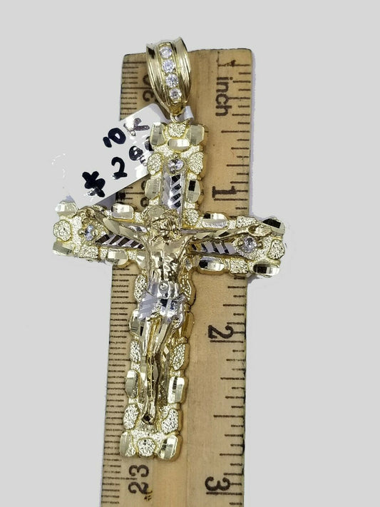 Real 10k Yellow Gold Cross Pendant Nugget Jesus Charm 2.9" 3.9" For Thick Chain