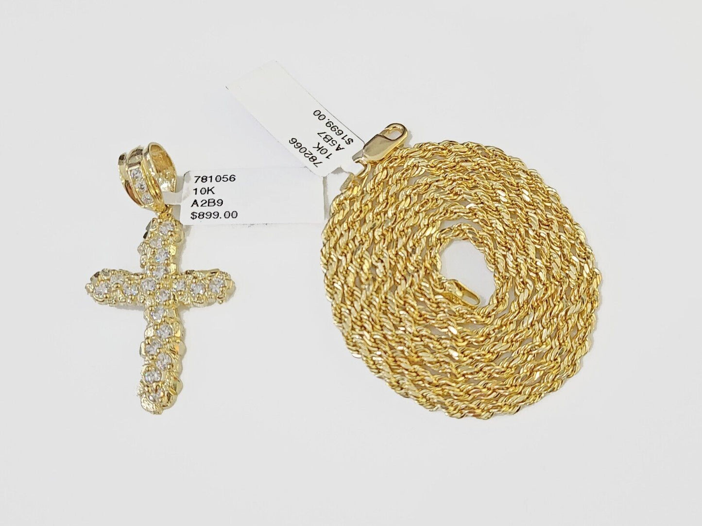 10k Gold Rope Chain & Cross Charm Pendent SET 3mm 22 Inches Necklace