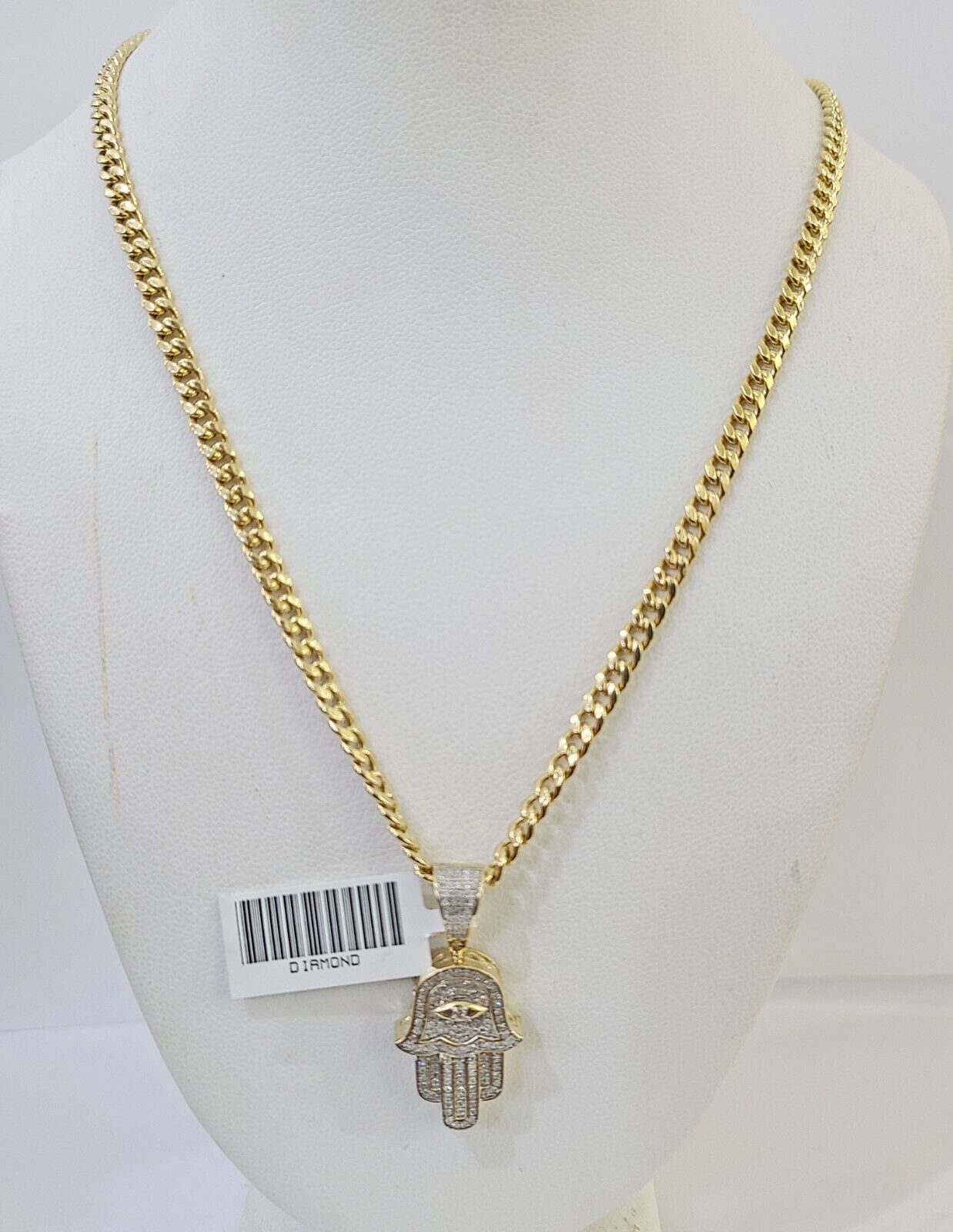 10k Diamond Hamsa Charm Miami Cuban Chain 4mm 22 inch SET Yellow Gold