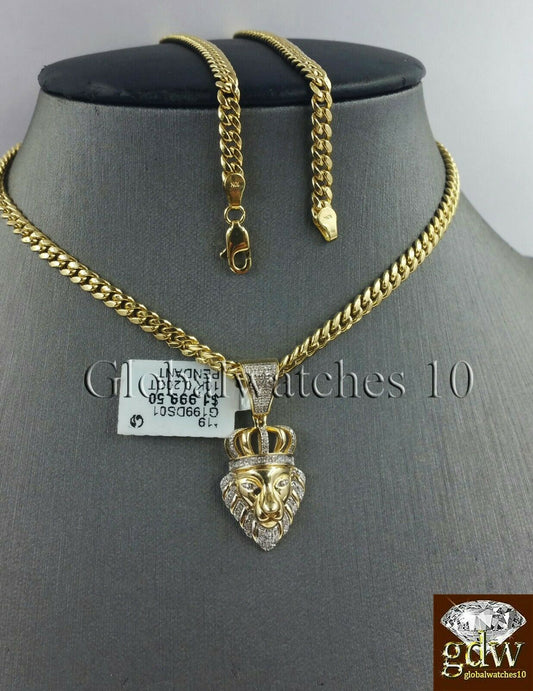 Real 10k Gold Genuine Diamond Lion Head Charm 26" Miami Cuban Chain