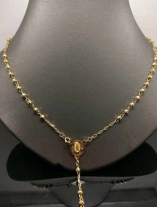 Real 10k Yellow Gold Diamond Cut Jesus Crucifix Beads Rosary Necklace 22" Oro
