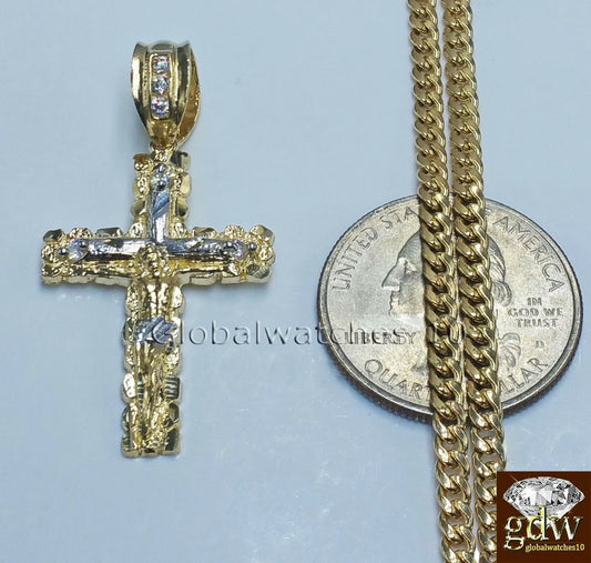 10k Yellow Gold Jesus Cross Charm Pendant 10 KT 24" Miami Cuban Chain SET ,Real