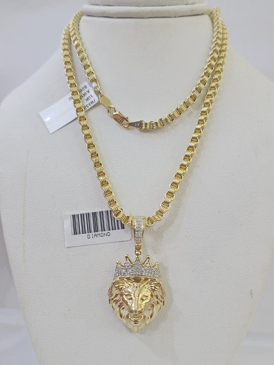 Real 10k Diamond Lion Charm Byzantine Chain Necklace 3mm 22" SET 10kt Genuine