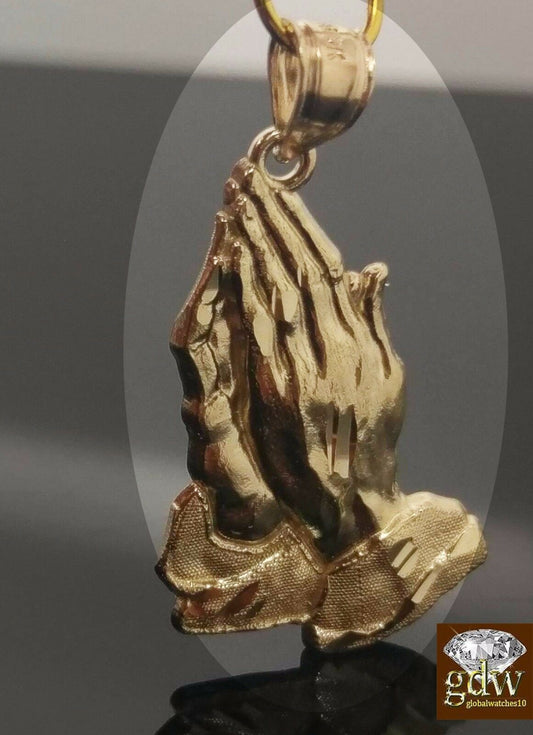 Real 10k Yellow Gold Praying Hand 1.3Inch Charm Pendent Diamond Cut Men Women