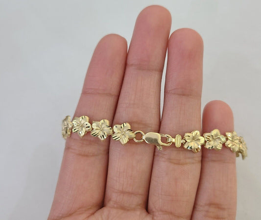 Real 10K Yellow Gold Flower Bracelet 9mm 8 Inches 10kt Gold