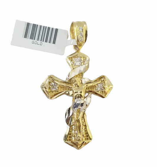 14K Real Yellow Gold Jesus Cross Diamond Cut Pendant Religious
