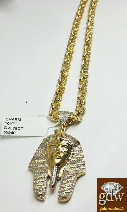 Real 10k Yellow Gold Diamond Pharaoh Charm Pendant 28" Rope Chain Necklace