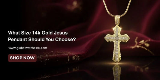 An ornate 14k gold cross pendant with diamonds hanging from a gold chain against a dark red velvet background with text.
