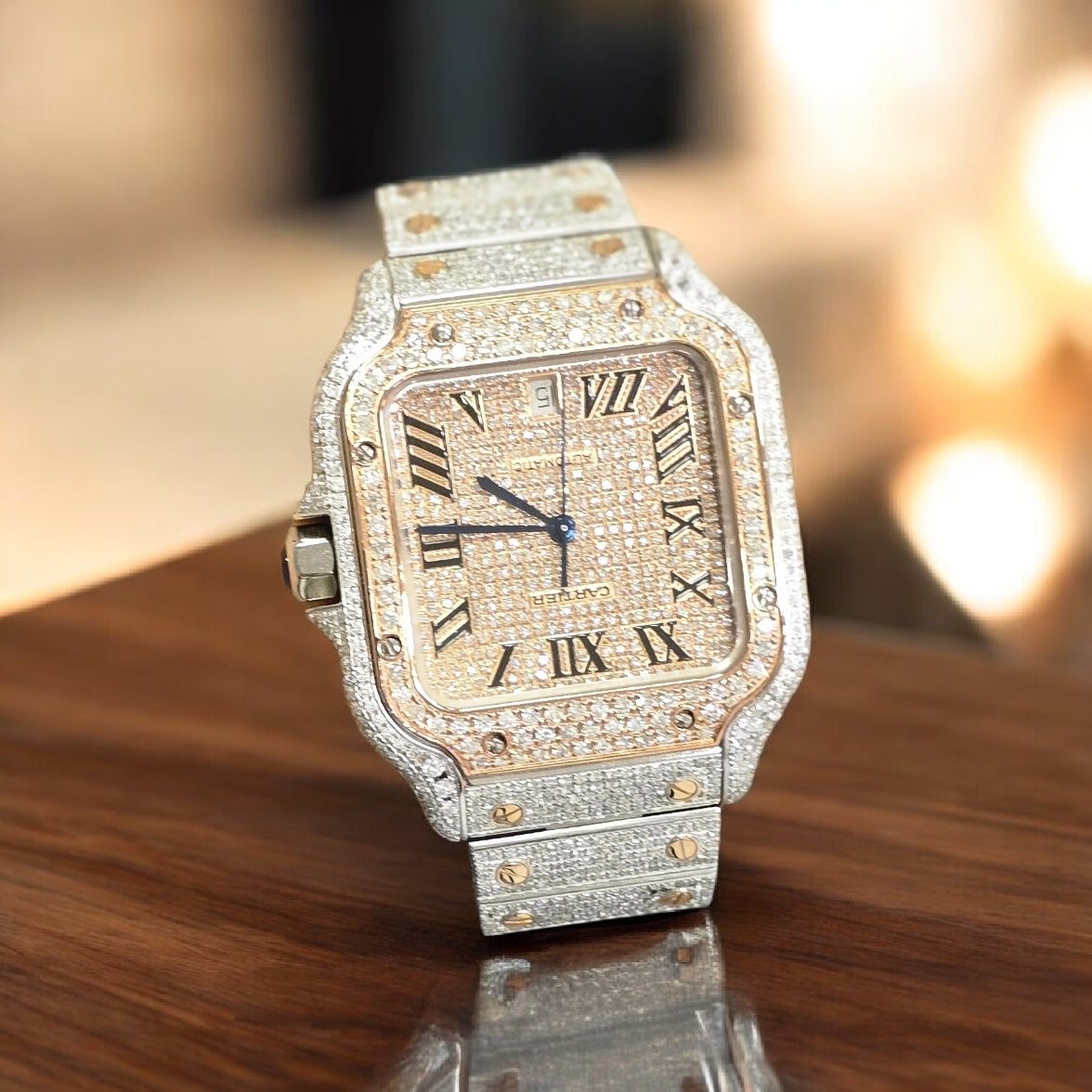 Cartier Santos Men's 40mm S.Steel Watch Roman Iced Out 12ct Diamonds (pre-owned)