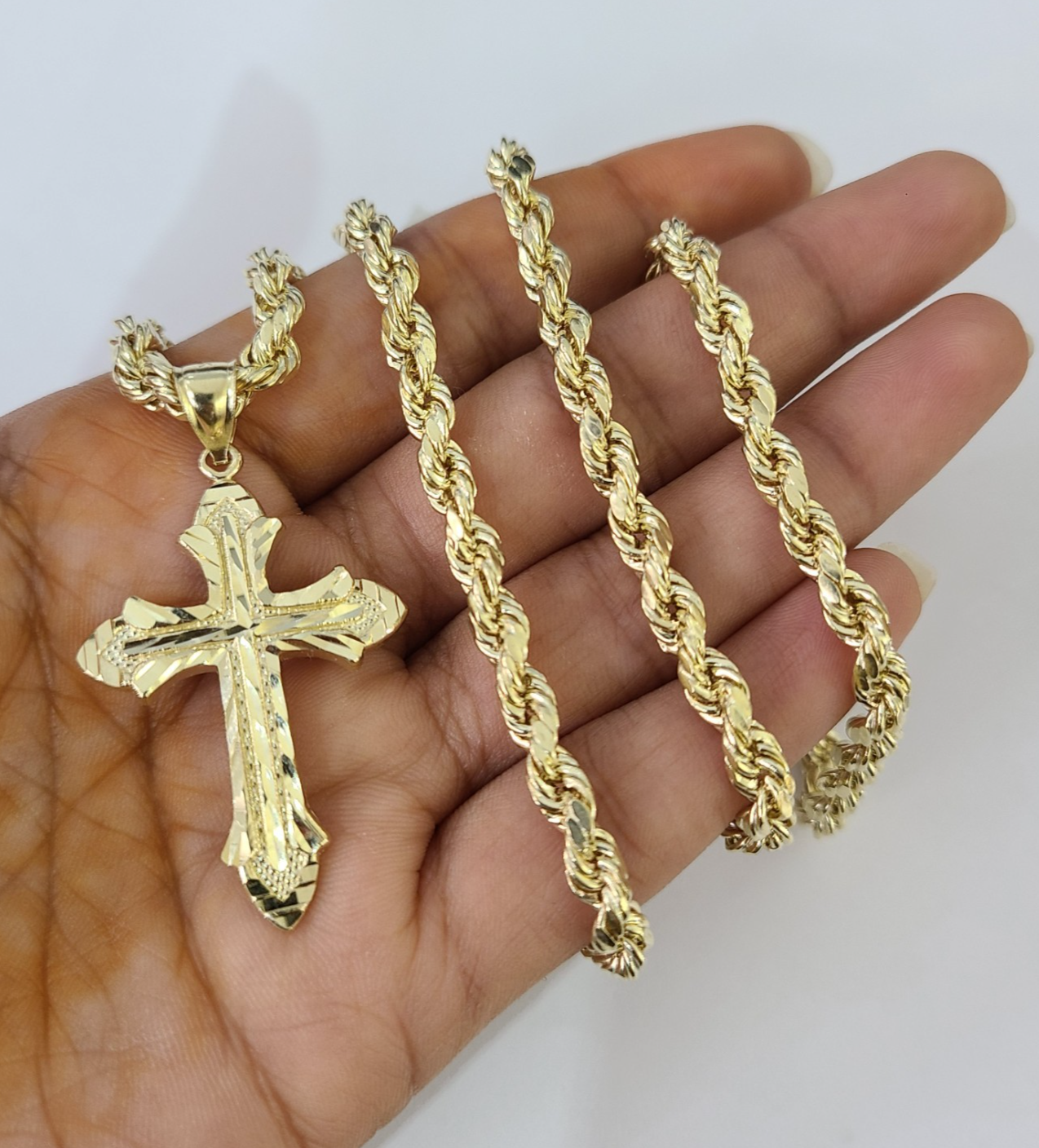 Real 10k Rope Chain Jesus Cross Charm Necklace Pendant Set 4mm 18"-28" Gold