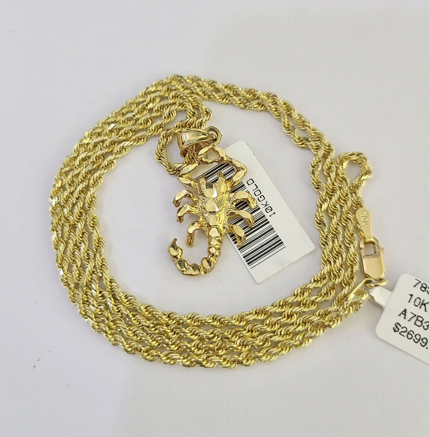 10k Solid Rope Chain 2mm Necklace Scorpion Pendant Charm SET 18-24 in