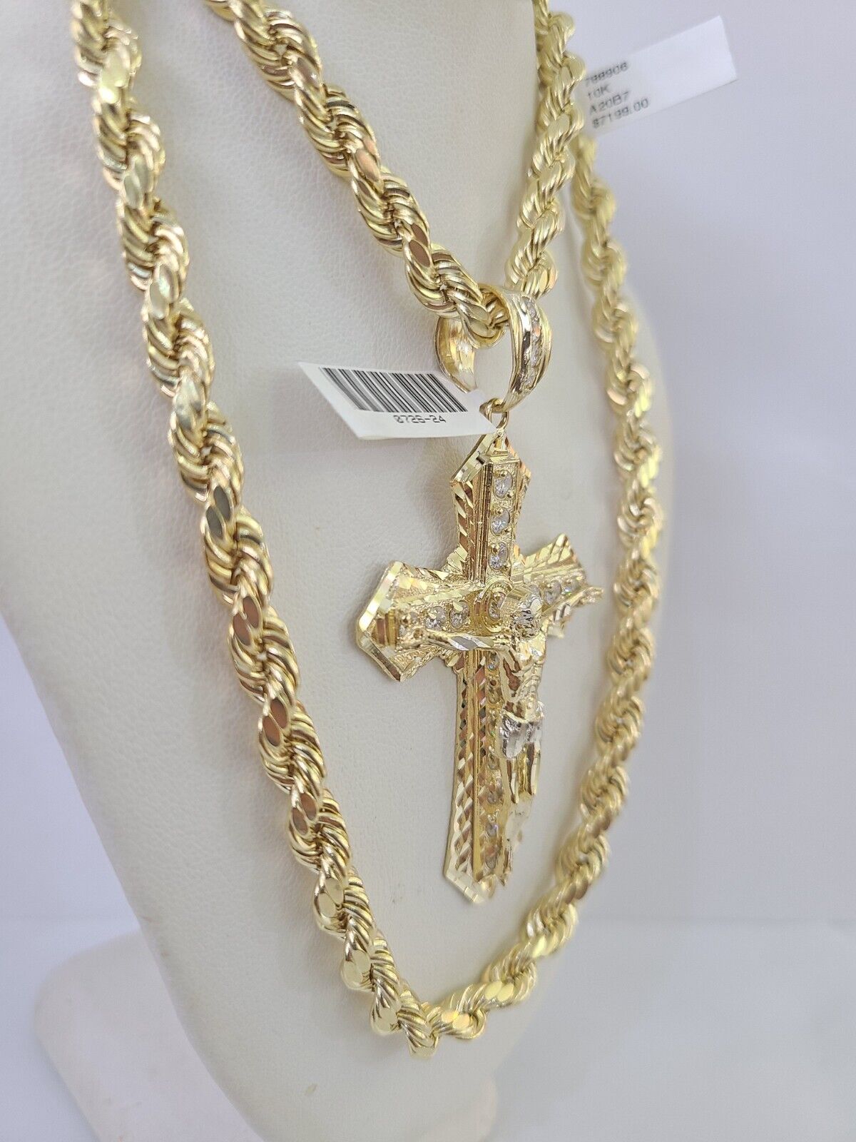 Real 10k Rope Chain Jesus Cross Charm Set 7mm 20"-28" Inch Necklace Yellow Gold