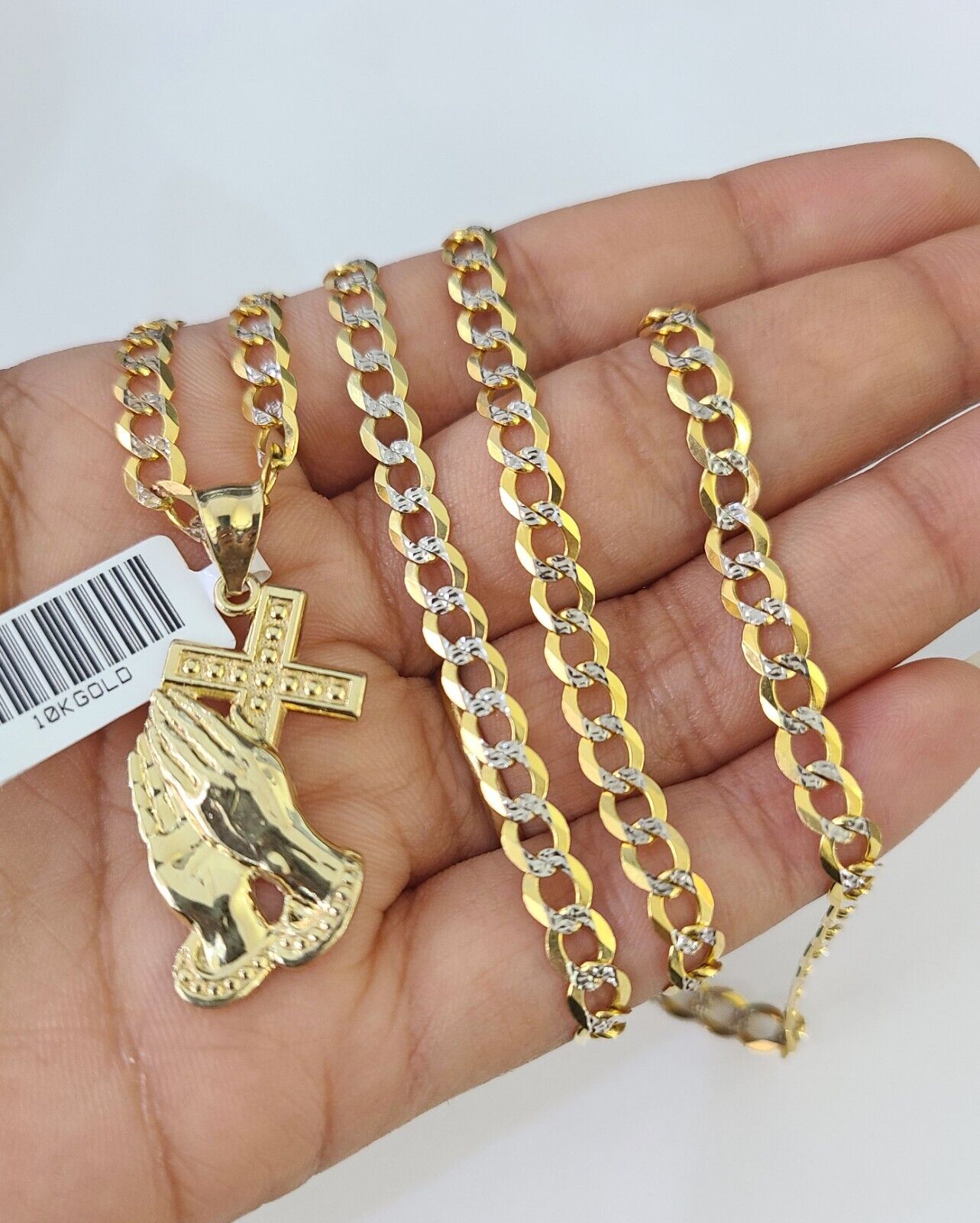 10k Gold Chain Praying Hand Charm Solid Cuban Curb 5mm 18"-28" Inch SET Necklace