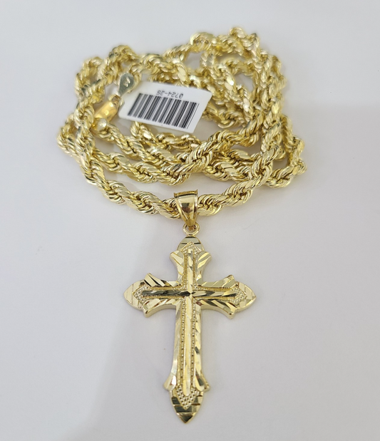 Real 10k Rope Chain Jesus Cross Charm Necklace Pendant Set 4mm 18"-28" Gold