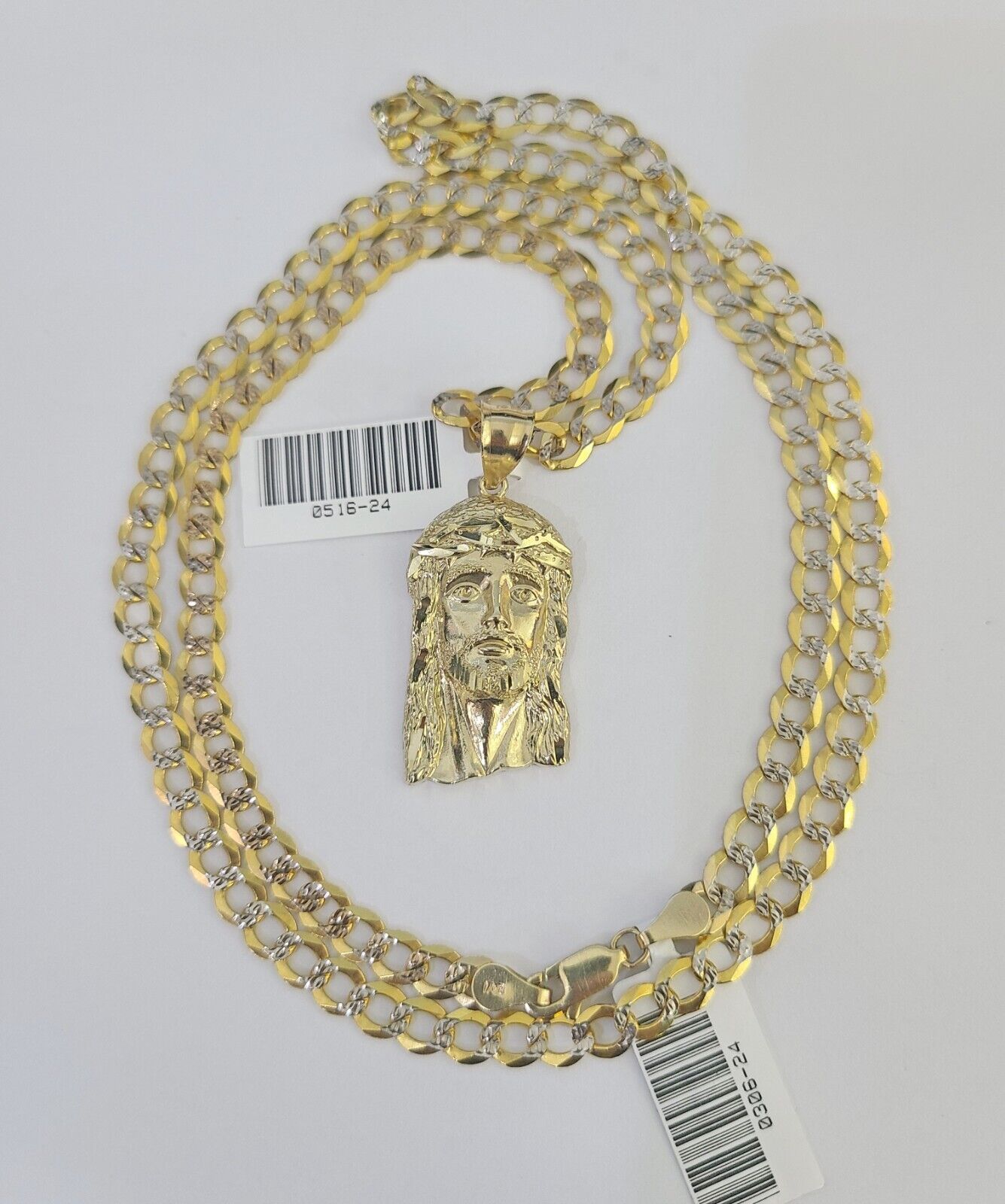 10k Gold Chain Jesus Head Charm Solid Cuban Curb Link 5mm 18"-28" Inch SET