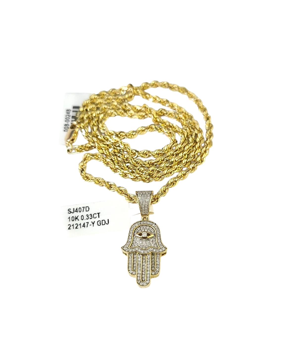 Hamsa Rope Chain Real 10k Solid Rope Chain Hamsa Hand Diamond Charm Necklace SET 3mm 20 ...