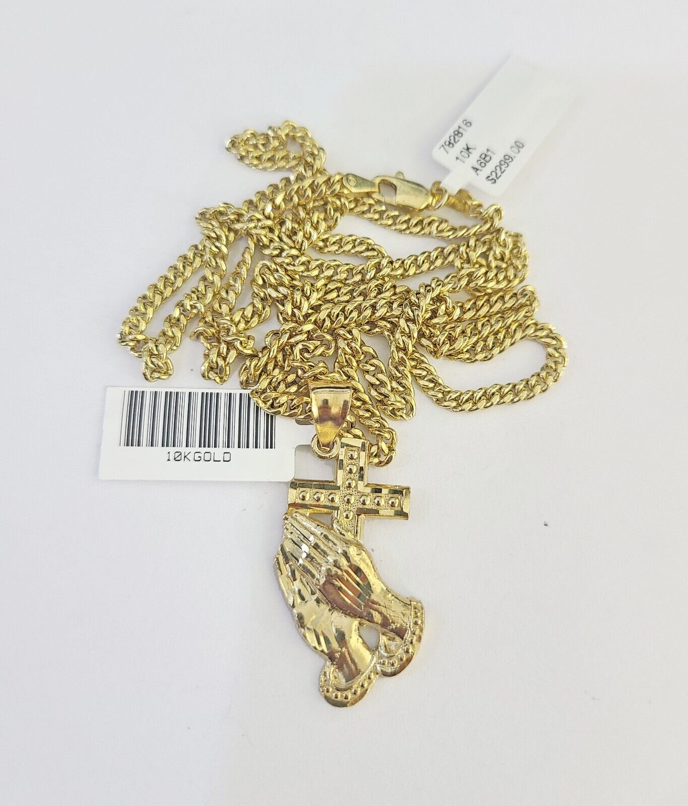 10K Gold Miami Cuban Chain Praying Hands Charm 18"-30" 3mm REAL Pendant