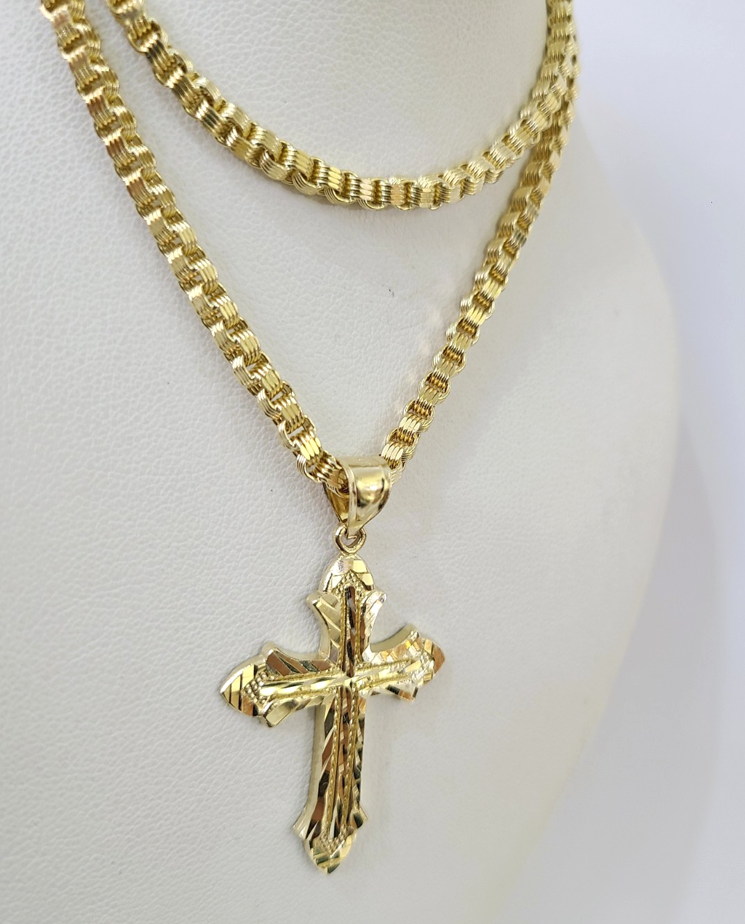 10k Gold Byzantine Necklace Jesus Cross Charm 20-30 inch 3mm Pendant SET