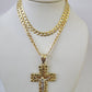 10k Gold Chain Cuban Curb Jesus Cross Charm Pendant Link 5mm 18"-28" Inch SET