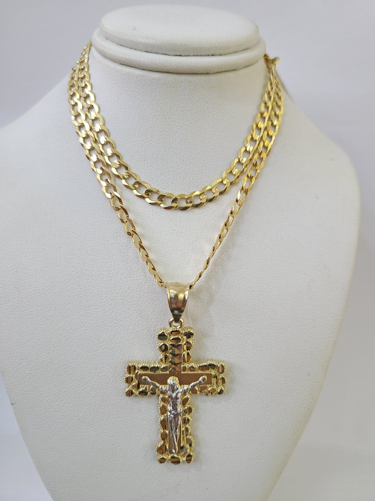 10k Gold Chain Cuban Curb Jesus Cross Charm Pendant Link 5mm 18"-28" Inch SET