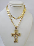 10k Gold Chain Cuban Curb Jesus Cross Charm Pendant Link 5mm 18"-28" Inch SET