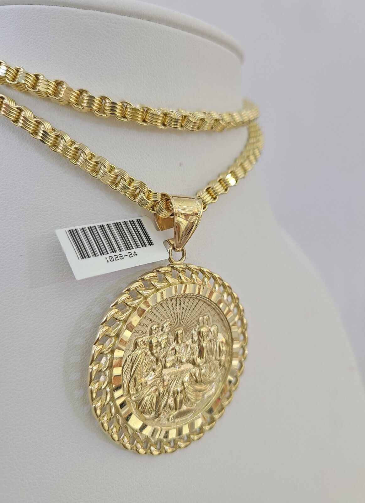 10k Gold Byzantine Box Necklace Last Supper Charm 20"-30" SET Yellow Real 4mm