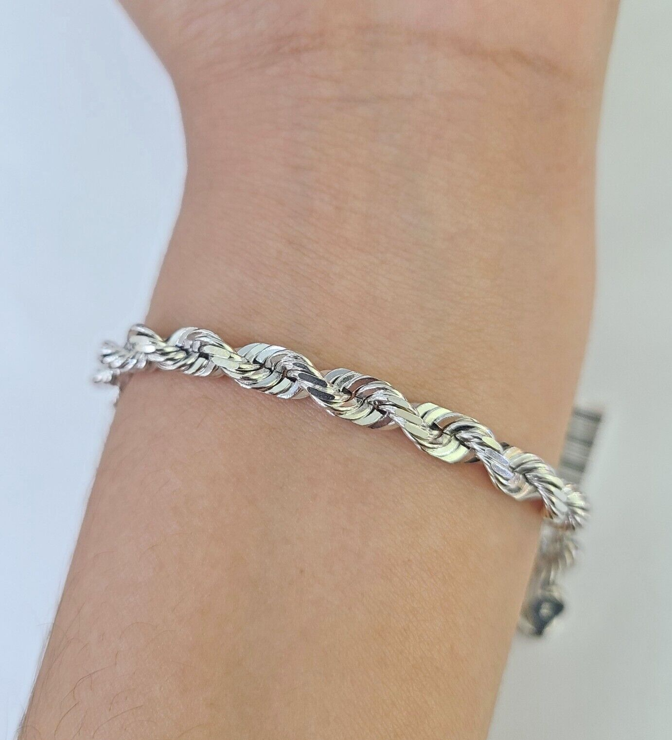 Real 10K Rope Bracelet White Gold Solid 5mm 8.5Inch Lobster Lock Unisex Genuine