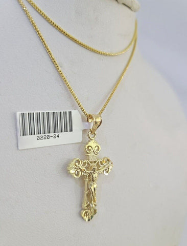 10K Solid Franco Chain INRI Jesus Cross Pendant Charm Necklace 18"-24" 1.5mm