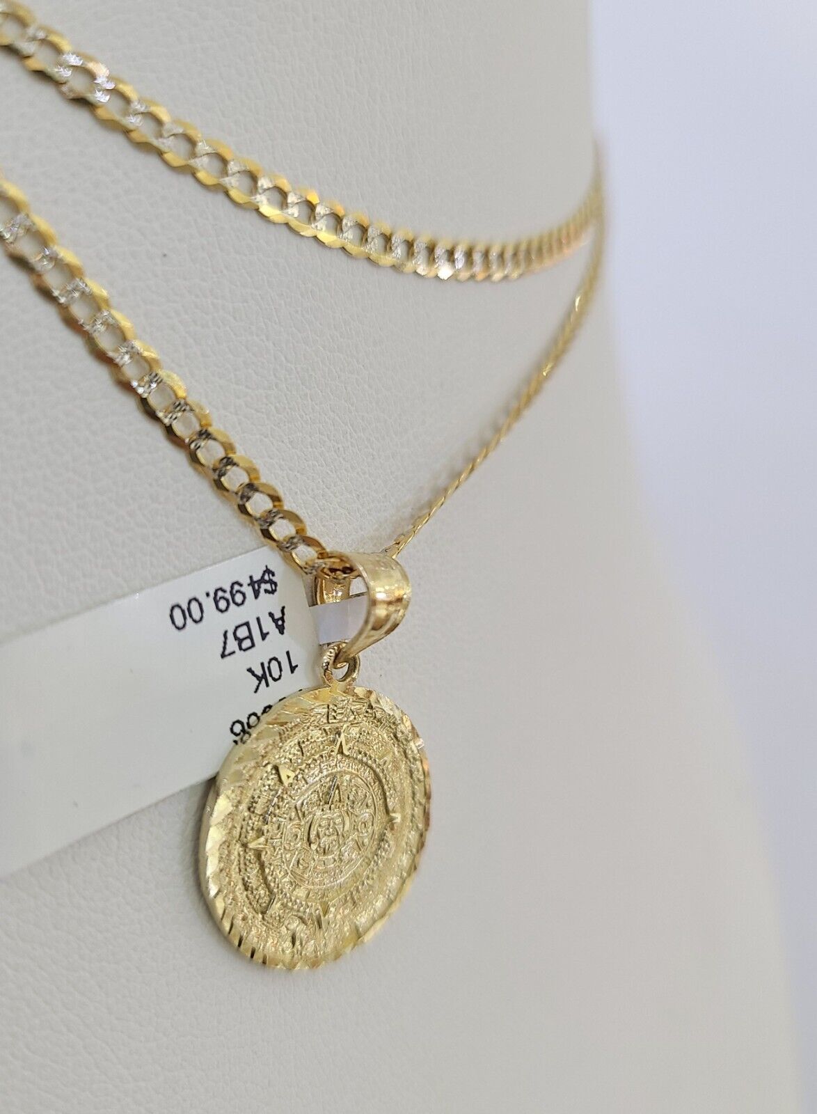 10k Solid Gold Cuban Curb Chain Mayan Calendar Pendant 2mm 18"-24" SET Necklace