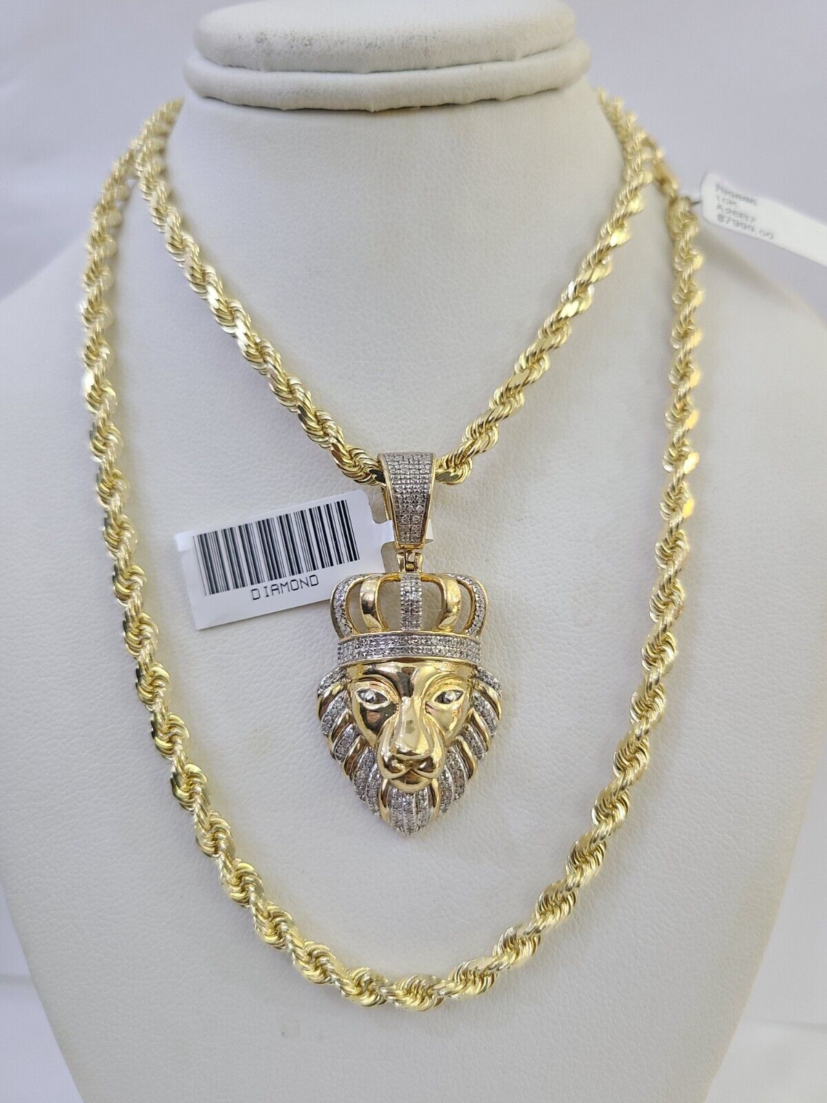 10k Solid Rope Chain Lion Charm Diamond Set 4mm 20"-28" Necklace Gold Yellow