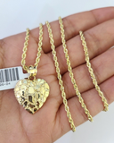 10k Solid Rope Chain 2mm Nugget Heart Pendant Charm Necklace SET 16"-22" Ladies