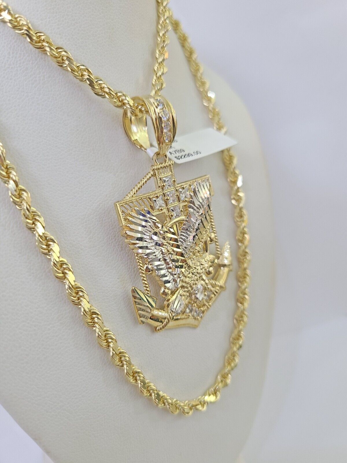 10k Solid Rope Chain Eagle Anchor Charm Set 4mm 20"-28" Necklace Gold Yellow