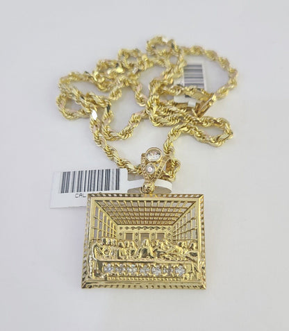 10k Solid Rope Chain Last Supper Charm Set 4mm 18"-30" Necklace Gold Pendant
