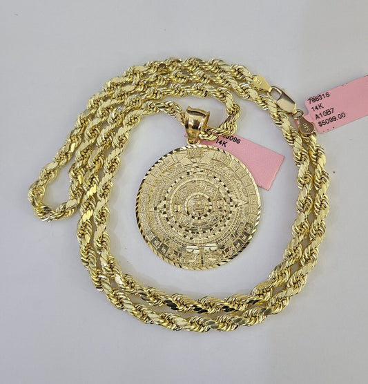 Real 14k Rope Chain Mayan Calendar Charm Yellow Gold Set 5mm 20"-30" Necklace