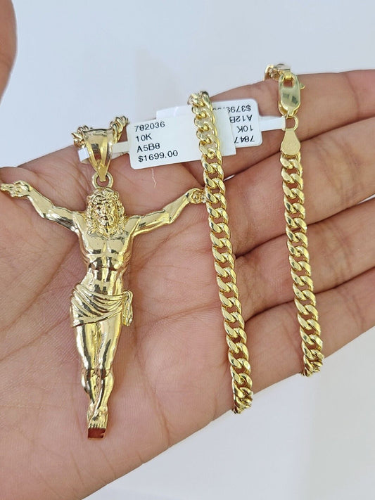 Real 10k Miami Cuban Chain Jesus Charm 4mm Yellow Gold Necklace Pendant 18"-26"