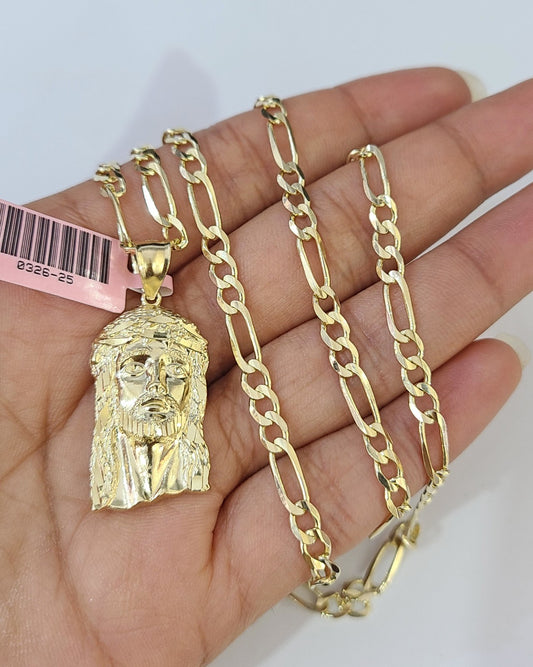 14k Solid Figaro Chain Jesus Head Pendant Gold 4mm 18-28 inch SET Necklace