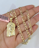 14k Solid Figaro Chain Jesus Head Pendant Gold 4mm 18-28 inch SET Necklace