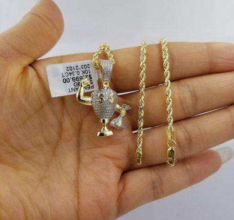 10K Money Bag Yellow Gold Diamond Charm Rope Chain 18" - 26"  2.5mm