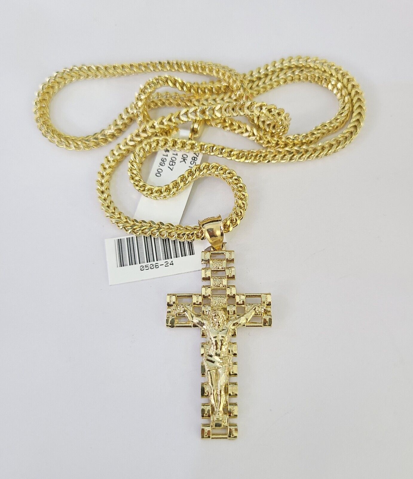 10K Franco Chain Jesus Cross Pendant Charm Necklace 20"-26" 3mm Gold Yellow SET