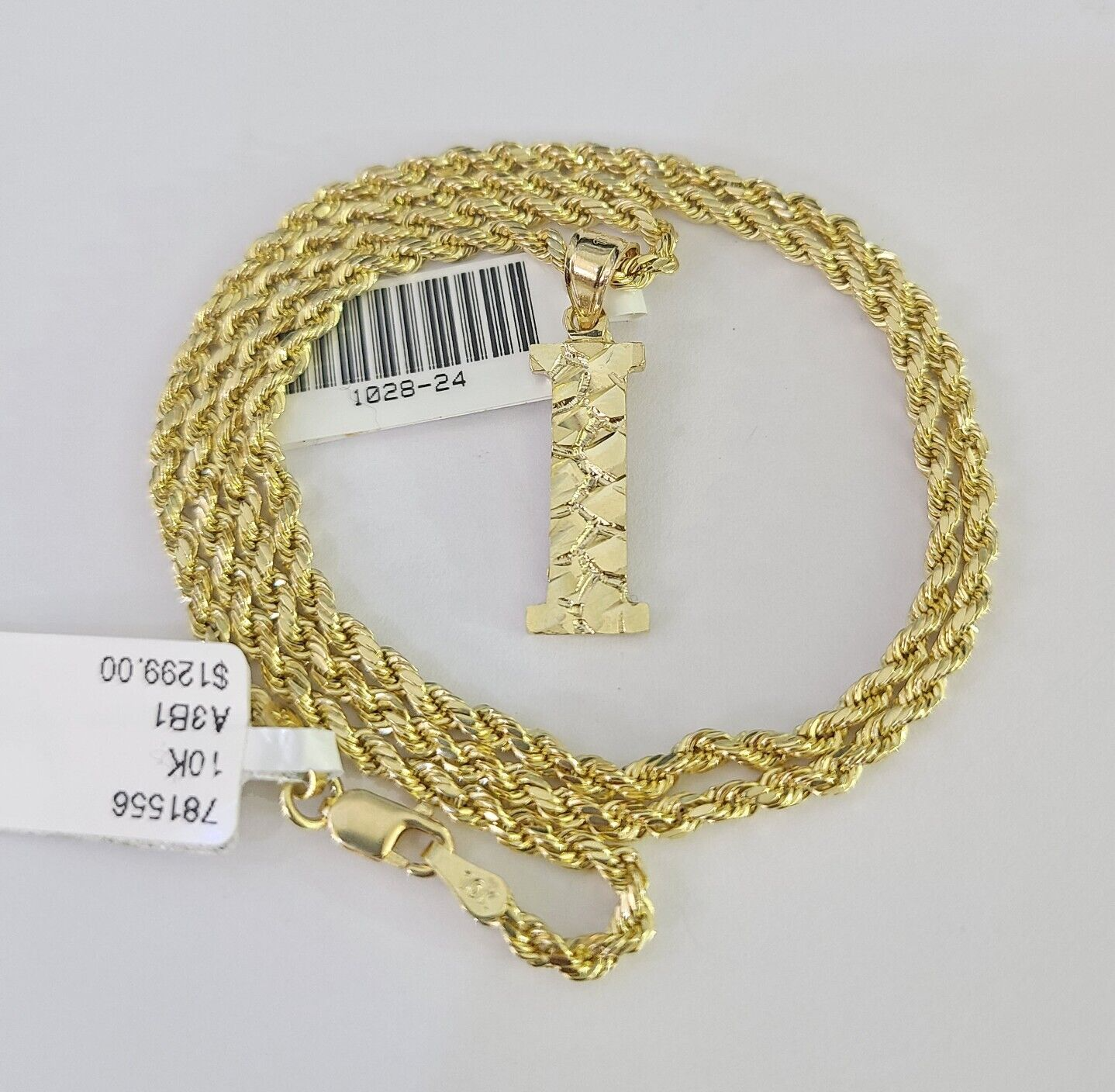 10k Gold Initial I Charm Rope Chain 16"-26" 2.5mm SET Necklace Alphabet Pendant