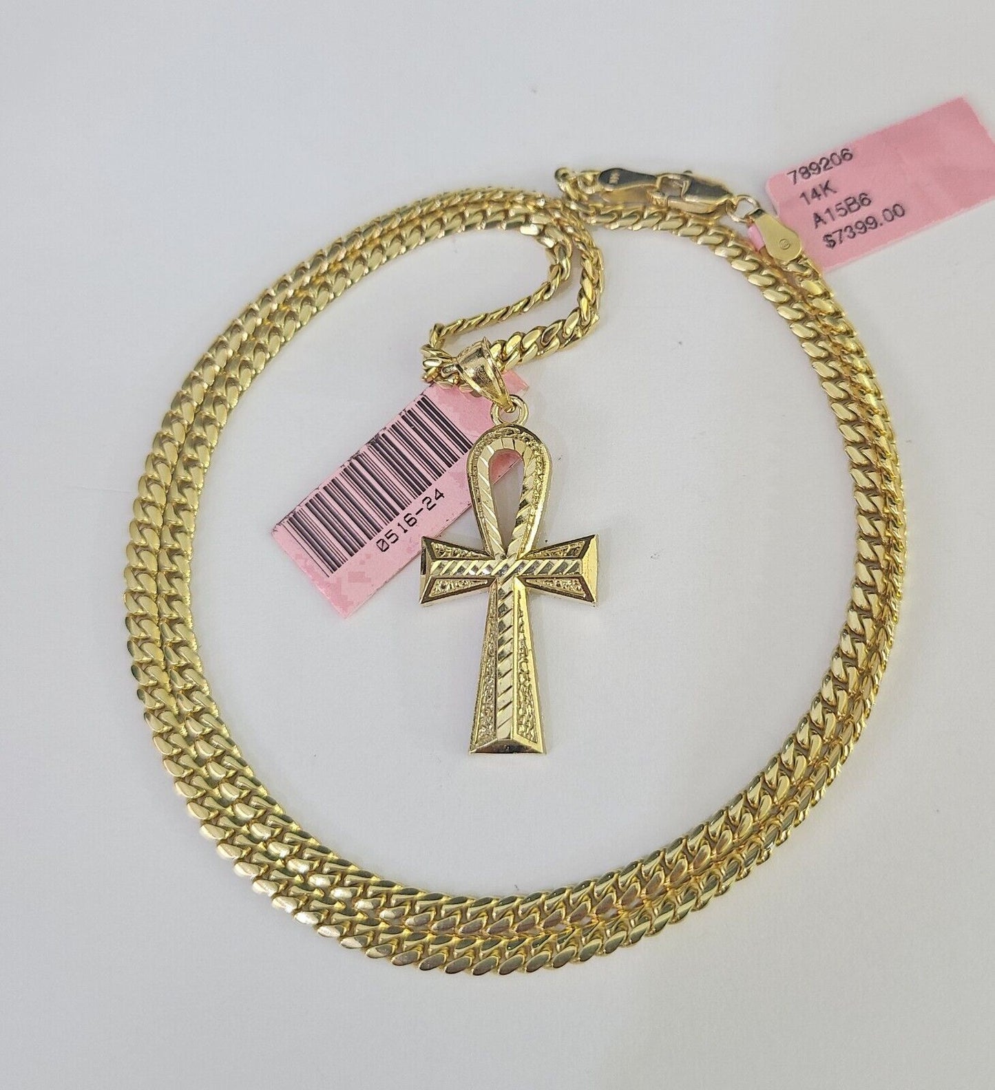 Real 14k Solid Chain Cross Charm Set Miami Cuban Link 3mm Necklace Pendant Gold