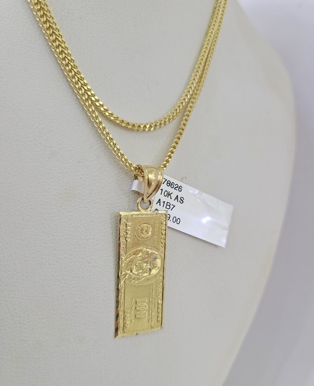 10K Franco Chain 100 Money Dollar Pendant Charm Necklace 16"-24" 2mm Gold SET