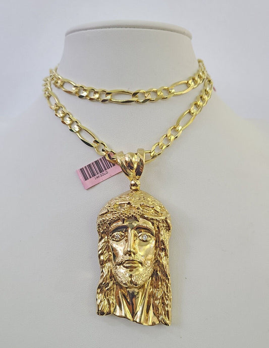 14k Figaro Chain Jesus Head Charm Pendant Gold 7mm 20-30 inch SET Necklace